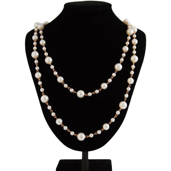 Feminine Gold Faux Pearl Necklace - Adjustable Long Design with Lobster Clasp - Picture 4 of 7